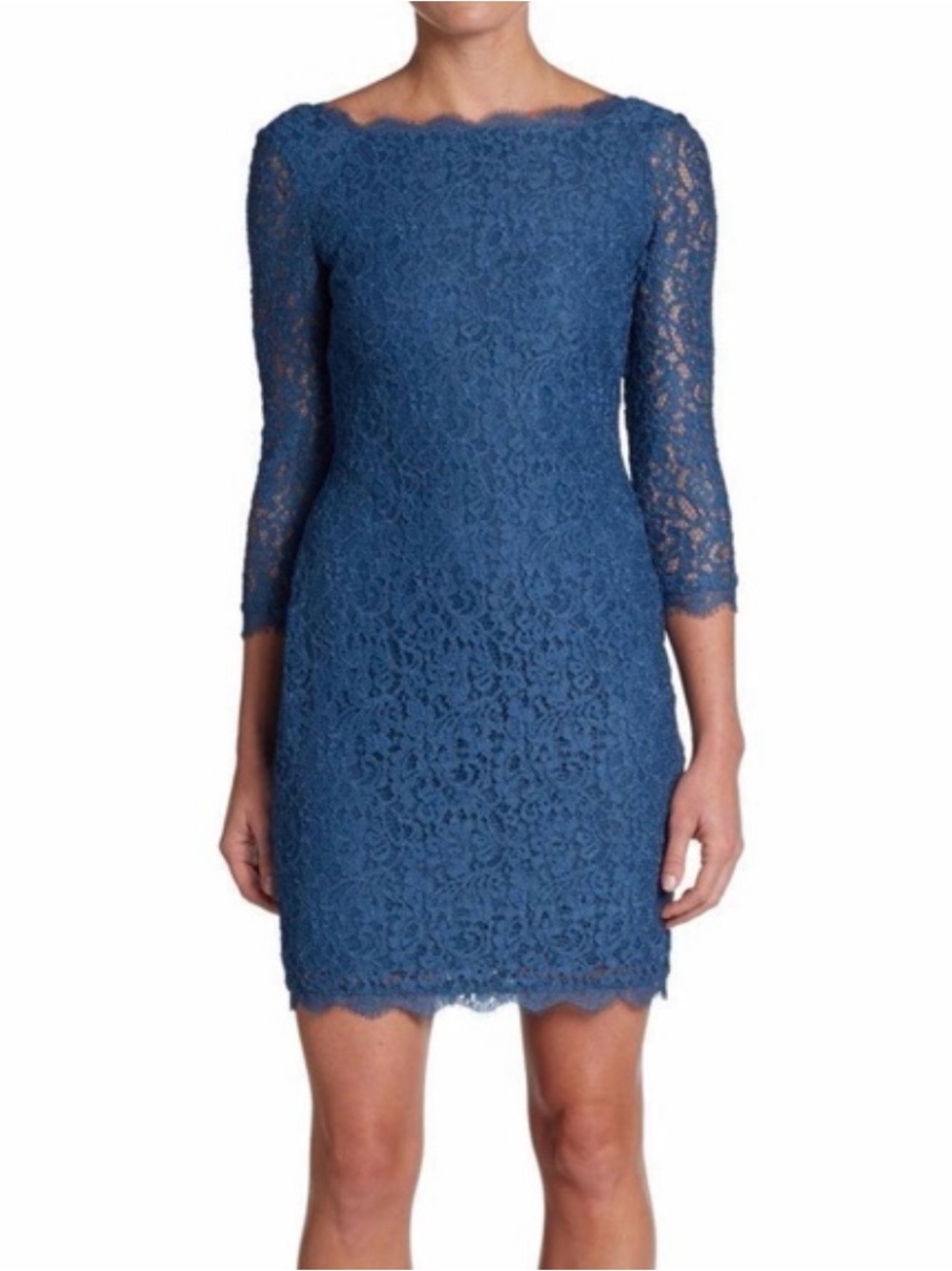 Adrianna Papell Blue Lace Sheath Dress with Three-Quarter Sleeves
